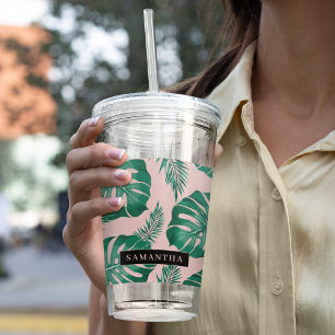 Tropical Pink & Green Palm Leaves Pattern & Name Acrylic Tumbler