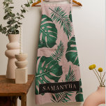 Tropical Pink & Green Palm Leaves Pattern & Name Apron<br><div class="desc">Tropical Pink & Green Palm Leaves Pattern & Name</div>
