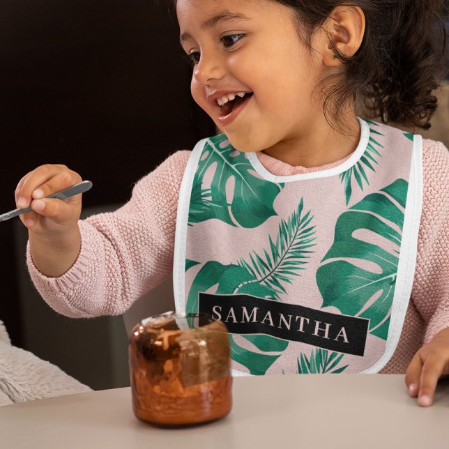 Tropical Pink & Green Palm Leaves Pattern & Name Baby Bib (Creator Uploaded)