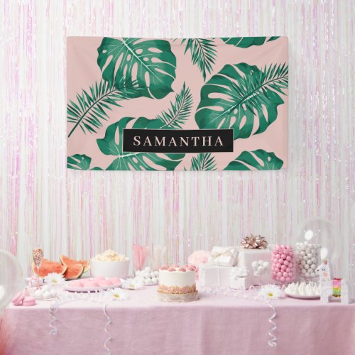 Tropical Pink  Green Palm Leaves Pattern  Name Banner