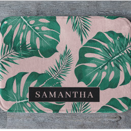 Tropical Pink &amp; Green Palm Leaves Pattern &amp; Name Bath Mat