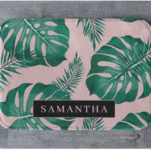 Tropical Pink  Green Palm Leaves Pattern  Name Bath Mat