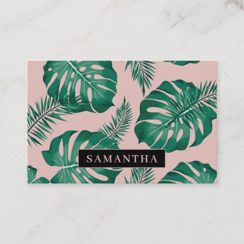 Tropical Pink  Green Palm Leaves Pattern  Name Business Card