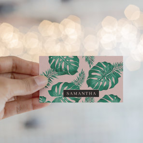 Tropical Pink & Green Palm Leaves Pattern & Name Business Card