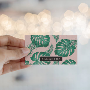 Tropical Pink & Green Palm Leaves Pattern & Name Business Card