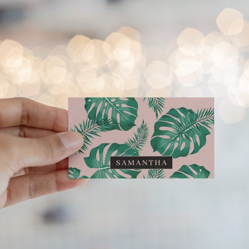 Tropical Pink  Green Palm Leaves Pattern  Name Business Card