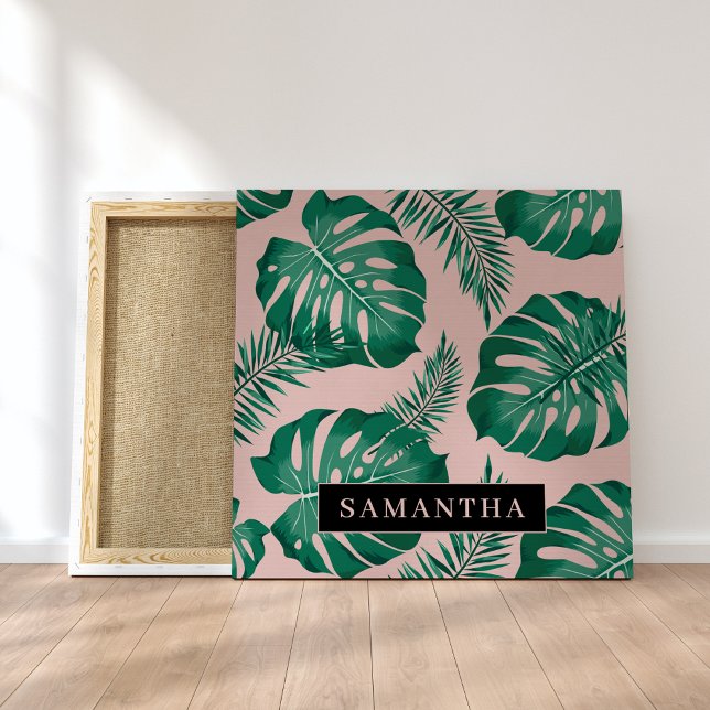 Tropical Pink & Green Palm Leaves Pattern & Name Canvas Print (Creator Uploaded)
