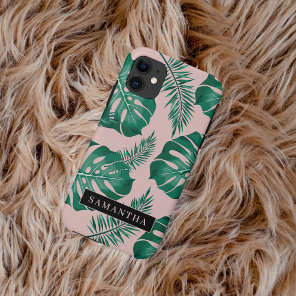 Tropical Pink & Green Palm Leaves Pattern & Name iPhone 11 Case