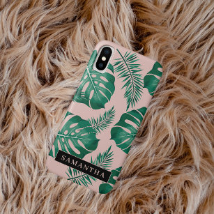 Tropical Pink & Green Palm Leaves Pattern & Name iPhone XS Case