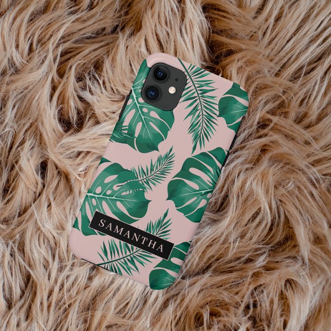 Tropical Pink & Green Palm Leaves Pattern & Name Case-Mate iPhone Case (Creator Uploaded)