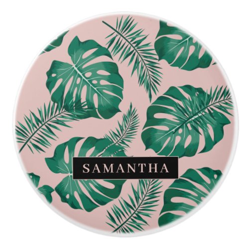 Tropical Pink  Green Palm Leaves Pattern  Name Ceramic Knob