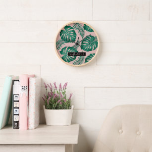 Tropical Pink & Green Palm Leaves Pattern & Name Clock
