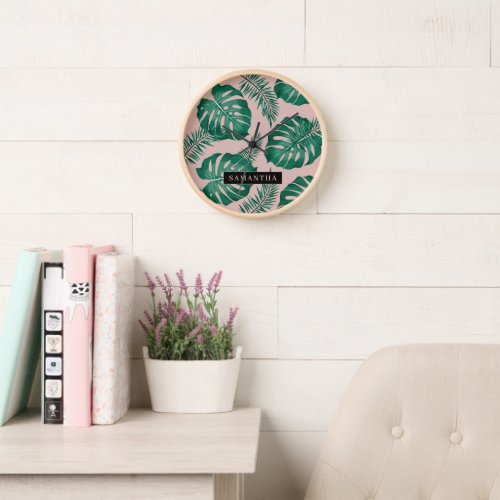 Tropical Pink  Green Palm Leaves Pattern  Name Clock