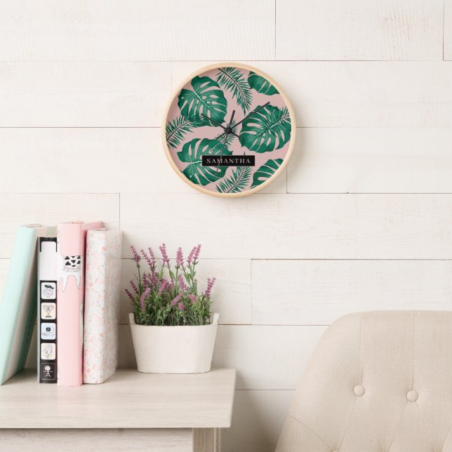 Tropical Pink & Green Palm Leaves Pattern & Name Clock (Reading Room)