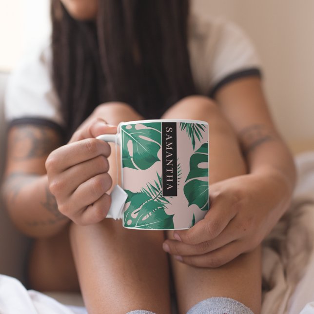 Tropical Pink & Green Palm Leaves Pattern & Name Coffee Mug (Creator Uploaded)