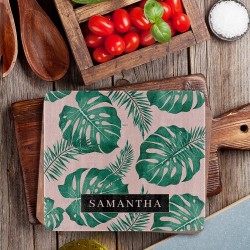 Tropical Pink  Green Palm Leaves Pattern  Name Cutting Board