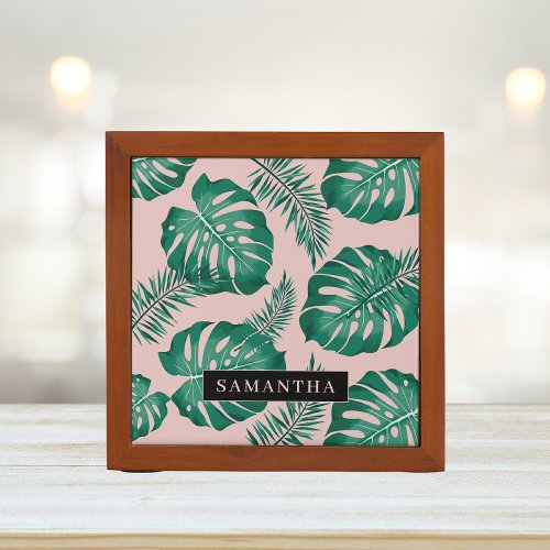 Tropical Pink  Green Palm Leaves Pattern  Name Desk Organizer