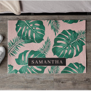 Tropical Pink & Green Palm Leaves Pattern & Name Doormat