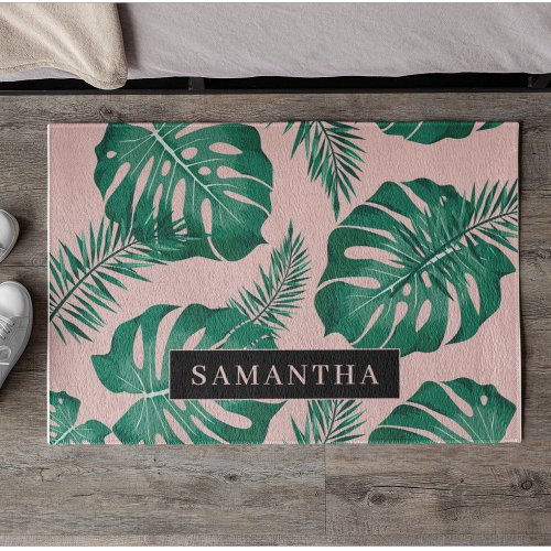 Tropical Pink  Green Palm Leaves Pattern  Name Doormat