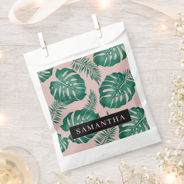 Tropical Pink & Green Palm Leaves Pattern & Name Favor Bag (Clipped)