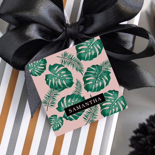 Tropical Pink  Green Palm Leaves Pattern  Name Favor Tags