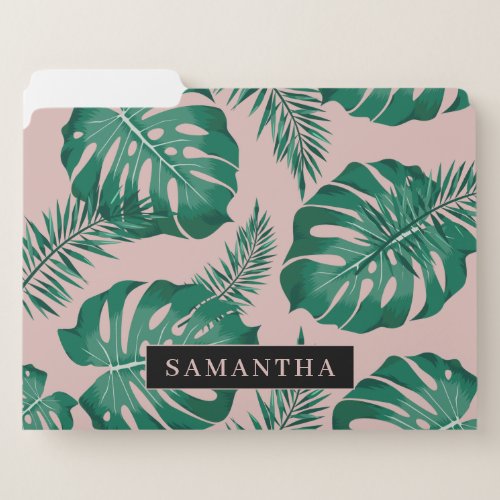 Tropical Pink  Green Palm Leaves Pattern  Name File Folder