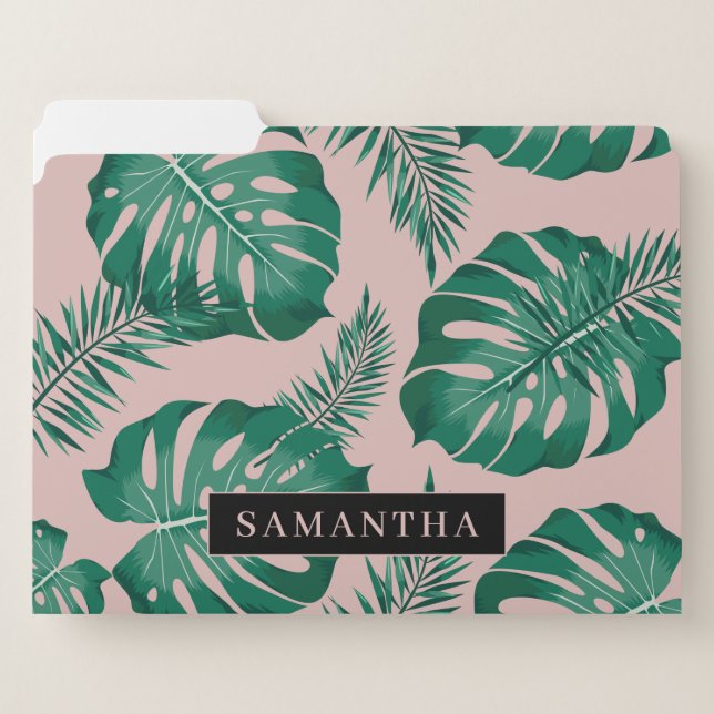 Tropical Pink & Green Palm Leaves Pattern & Name File Folder (Front Left)