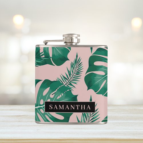 Tropical Pink  Green Palm Leaves Pattern  Name Flask
