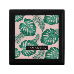 Tropical Pink &amp; Green Palm Leaves Pattern &amp; Name Gift Box