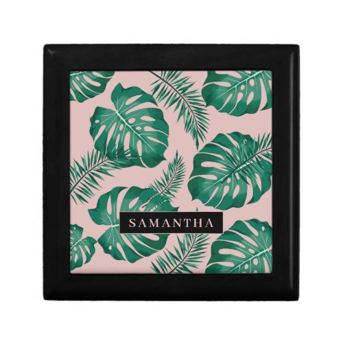 Tropical Pink  Green Palm Leaves Pattern  Name Gift Box