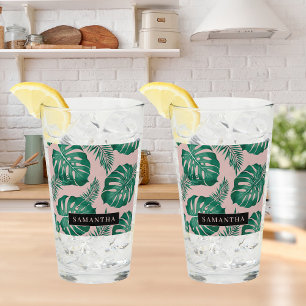 Tropical Pink & Green Palm Leaves Pattern & Name Glass