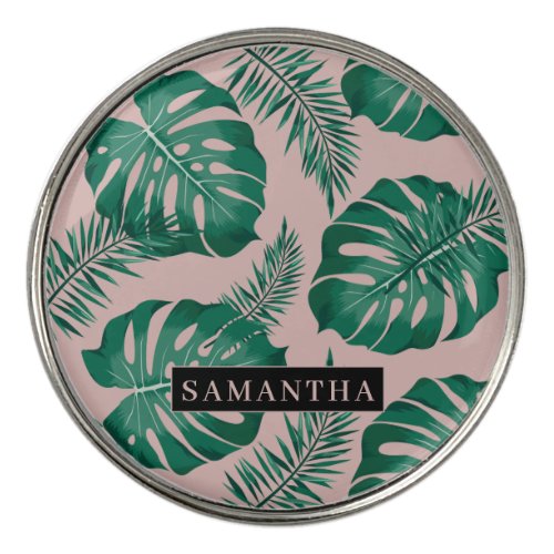 Tropical Pink  Green Palm Leaves Pattern  Name Golf Ball Marker