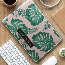 Tropical Pink &amp; Green Palm Leaves Pattern &amp; Name HP Laptop Skin
