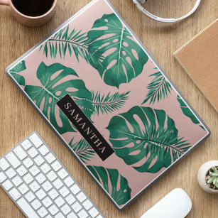 Tropical Pink & Green Palm Leaves Pattern & Name HP Laptop Skin