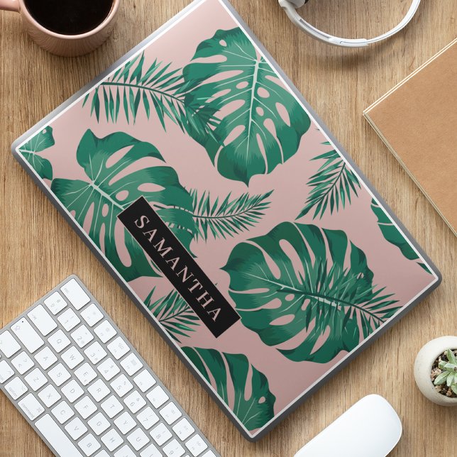 Tropical Pink & Green Palm Leaves Pattern & Name HP Laptop Skin (Creator Uploaded)