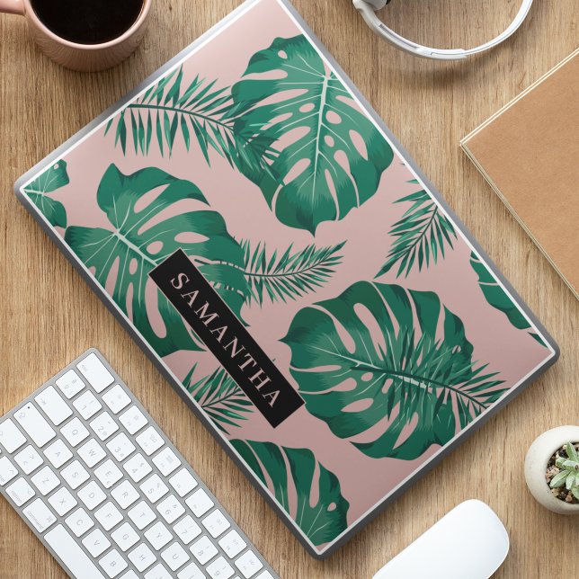 Tropical Pink & Green Palm Leaves Pattern & Name HP Laptop Skin