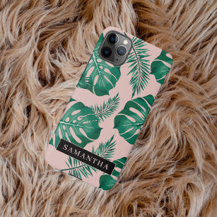Tropical Pink & Green Palm Leaves Pattern & Name iPhone 11Pro Max Case
