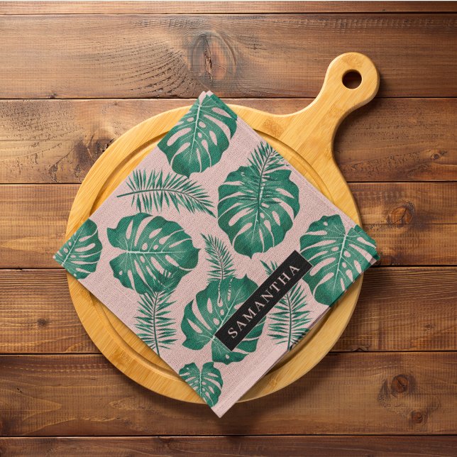 Tropical Pink & Green Palm Leaves Pattern & Name Kitchen Towel (Creator Uploaded)