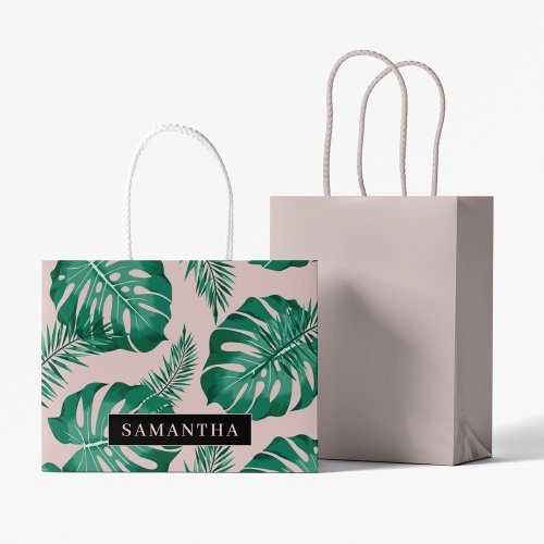 Tropical Pink  Green Palm Leaves Pattern  Name Large Gift Bag