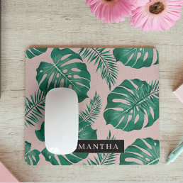 Tropical Pink &amp; Green Palm Leaves Pattern &amp; Name Mouse Pad