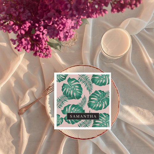 Tropical Pink  Green Palm Leaves Pattern  Name Napkins