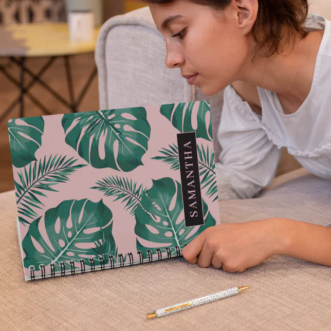 Tropical Pink & Green Palm Leaves Pattern & Name Notebook
