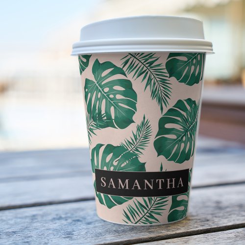 Tropical Pink  Green Palm Leaves Pattern  Name Paper Cups
