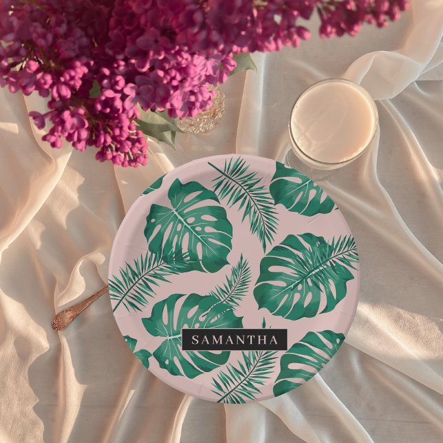 Tropical Pink & Green Palm Leaves Pattern & Name Paper Plates (Creator Uploaded)