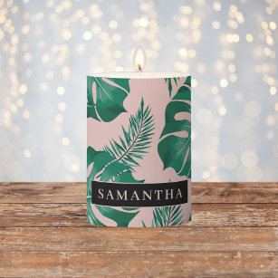 Tropical Pink & Green Palm Leaves Pattern & Name Pillar Candle