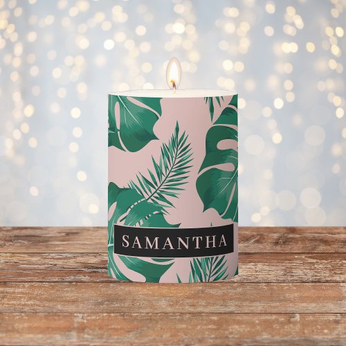 Tropical Pink  Green Palm Leaves Pattern  Name Pillar Candle