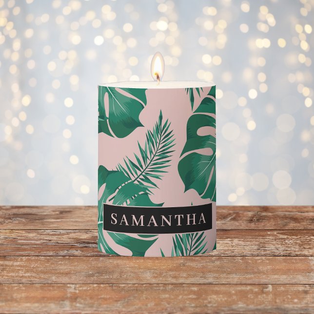 Tropical Pink & Green Palm Leaves Pattern & Name Pillar Candle (Creator Uploaded)