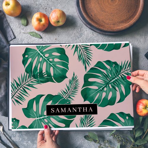 Tropical Pink  Green Palm Leaves Pattern  Name Placemat