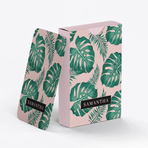 Tropical Pink  Green Palm Leaves Pattern  Name Playing Cards