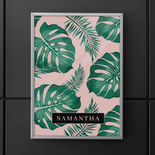 Tropical Pink & Green Palm Leaves Pattern & Name Poster